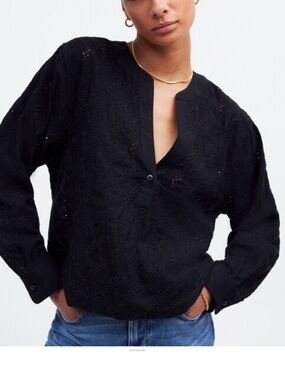 Madewell Linen Blend Long Sleeve Popover Black Eyelet Blouse size medium